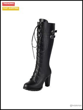 PU Leather Knee High Combat Boots Lace Up Block Heel